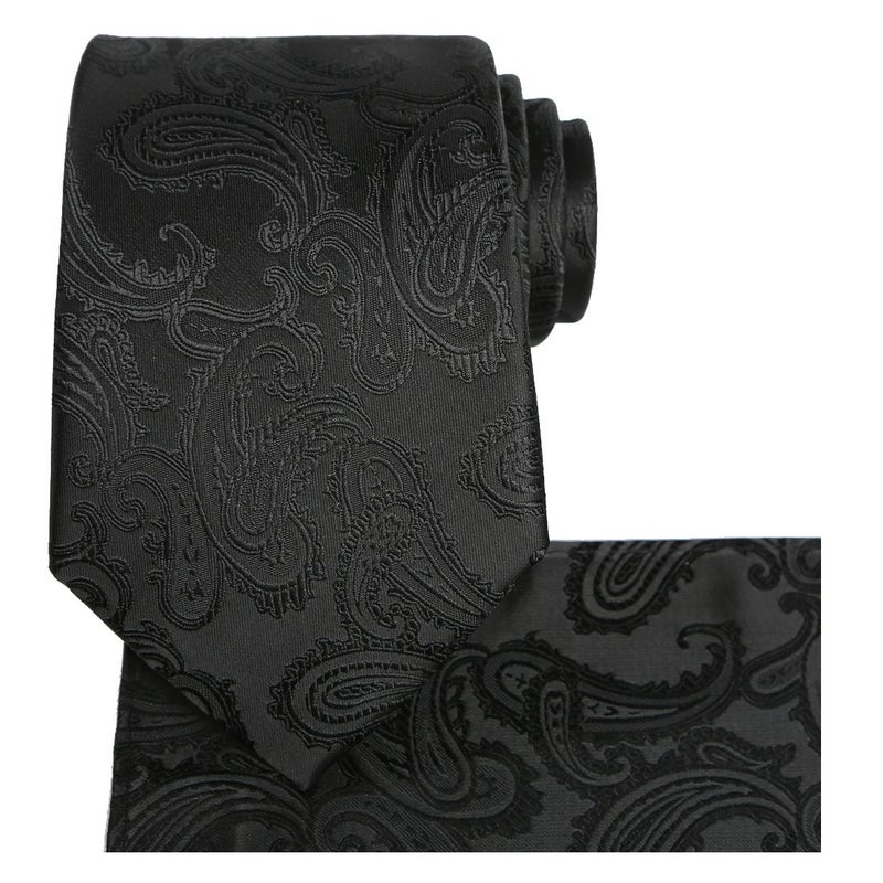 KissTies Mens Black Tie Set: Paisley Necktie + Pocket Square - Image 1